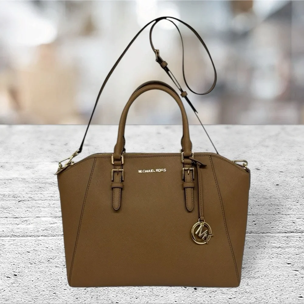 Michael Kors Camel-Beige Saffiano Leather Double Top Handles Satchel Bag Purse